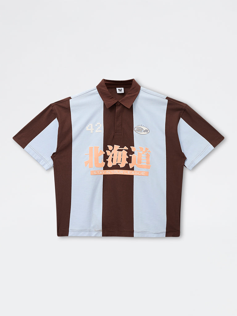 Boys Brown Colour-Blocked Cotton Polo T-Shirt