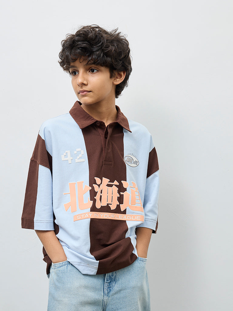 Boys Brown Colour-Blocked Cotton Polo T-Shirt