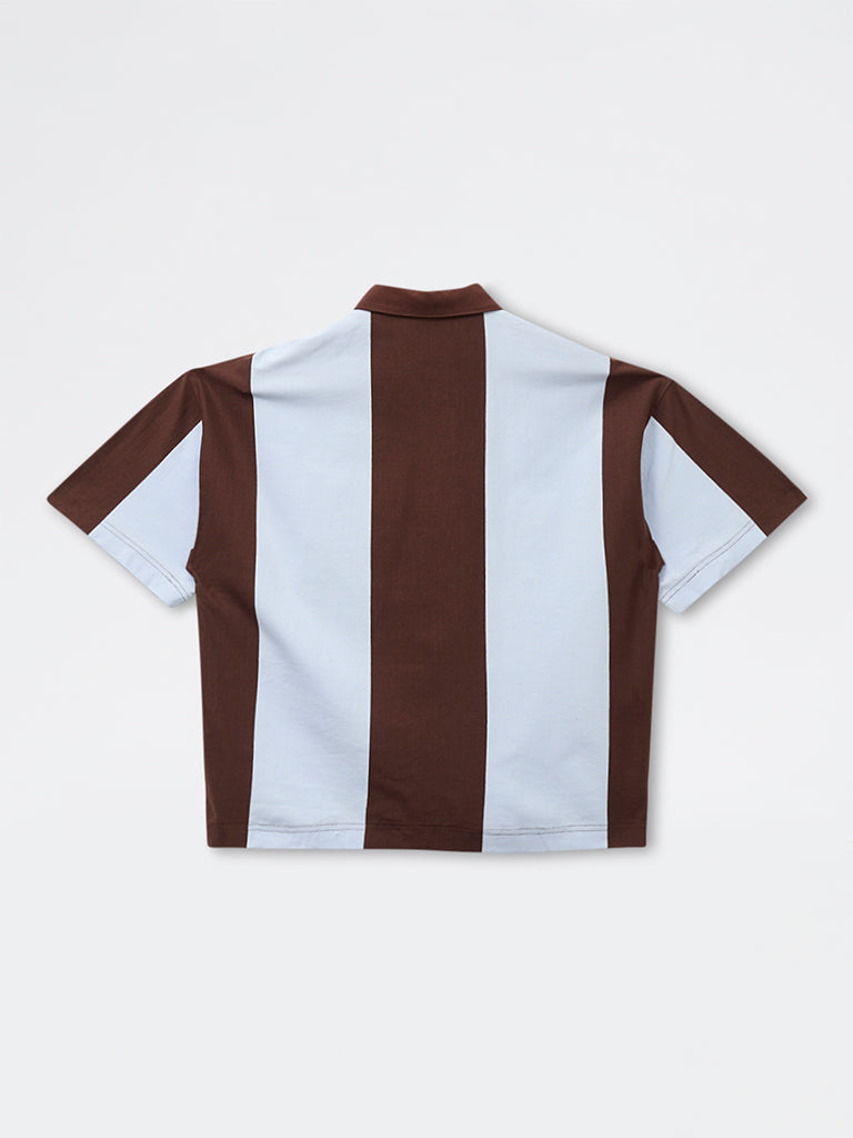 Boys Brown Colour-Blocked Cotton Polo T-Shirt