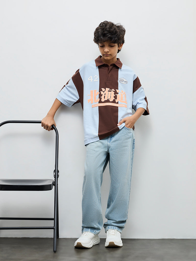 Boys Brown Colour-Blocked Cotton Polo T-Shirt