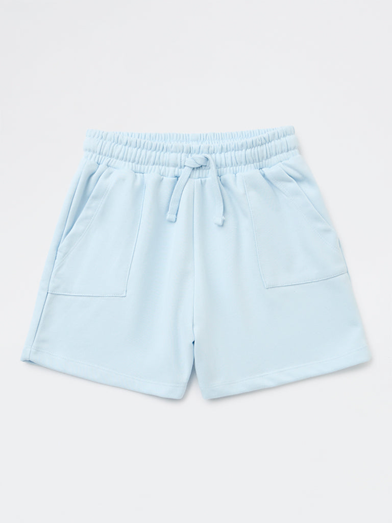 Girls Light Blue Solid High-Rise Cotton-Blend Shorts