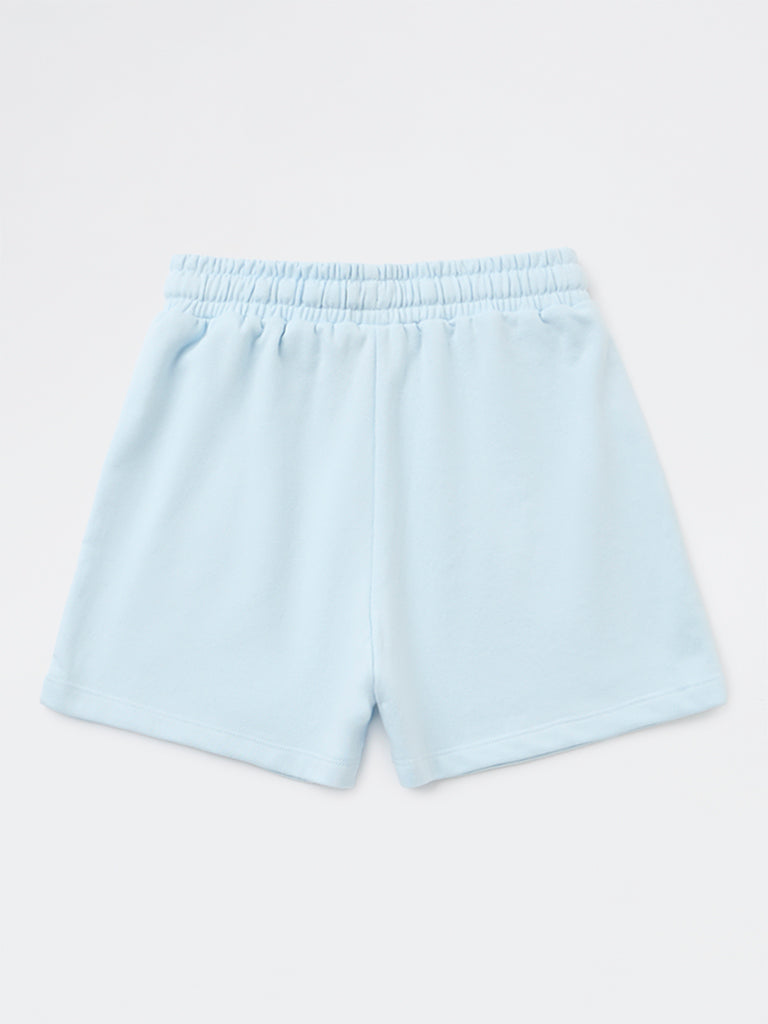Girls Light Blue Solid High-Rise Cotton-Blend Shorts