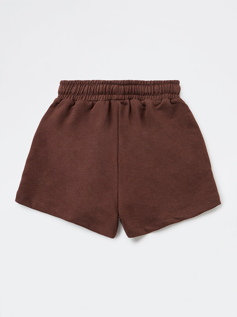 Girls Brown Solid High-Rise Cotton-Blend Shorts