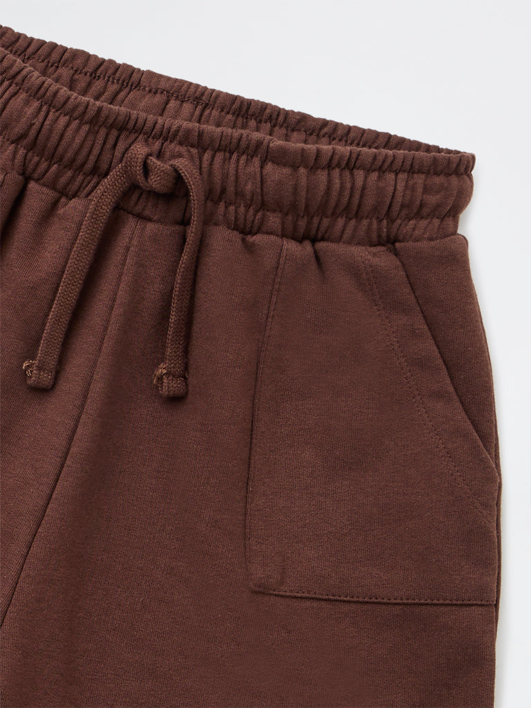 Girls Brown Solid High-Rise Cotton-Blend Shorts