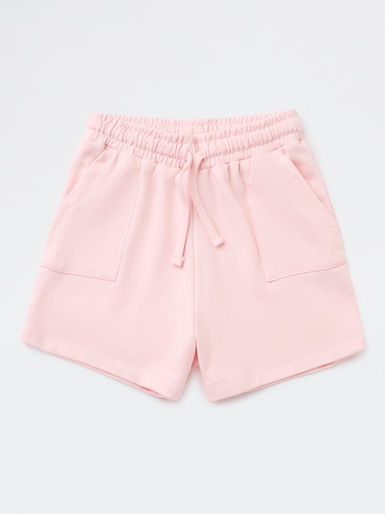 Girls Light Pink Solid High-Rise Cotton-Blend Shorts