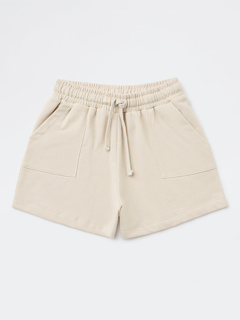Girls Beige Solid High-Rise Cotton-Blend Shorts