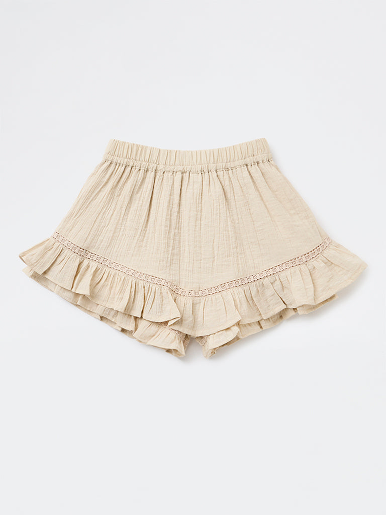 Girls Beige Crinkle-Textured High-Rise Skorts