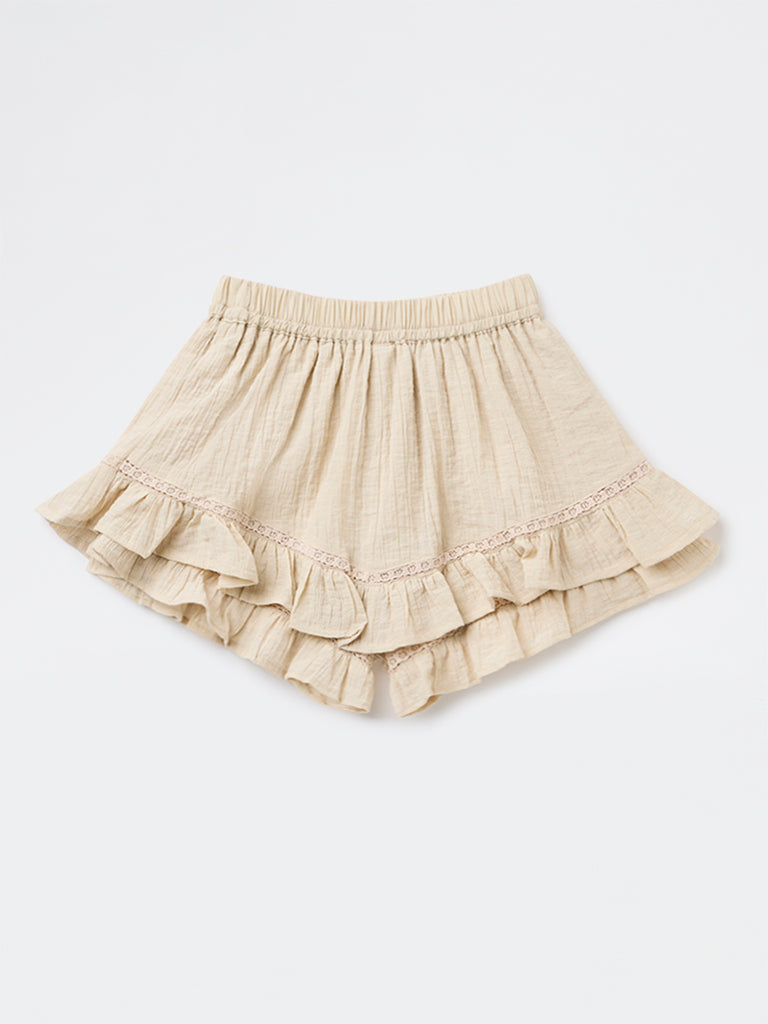 Girls Beige Crinkle-Textured High-Rise Skorts