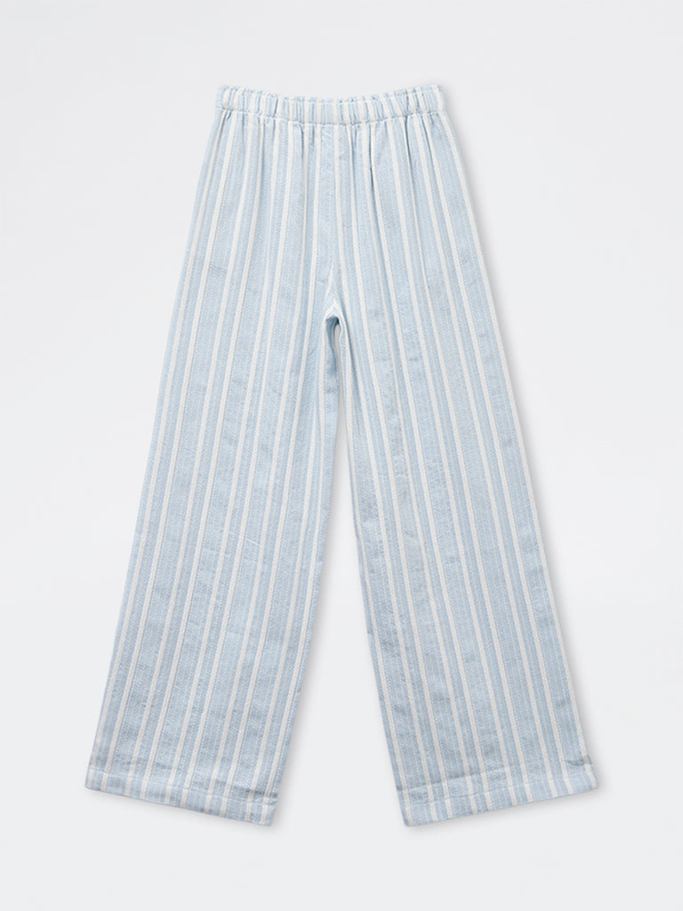 Girls Blue Striped High Rise Cotton-Blend Trousers