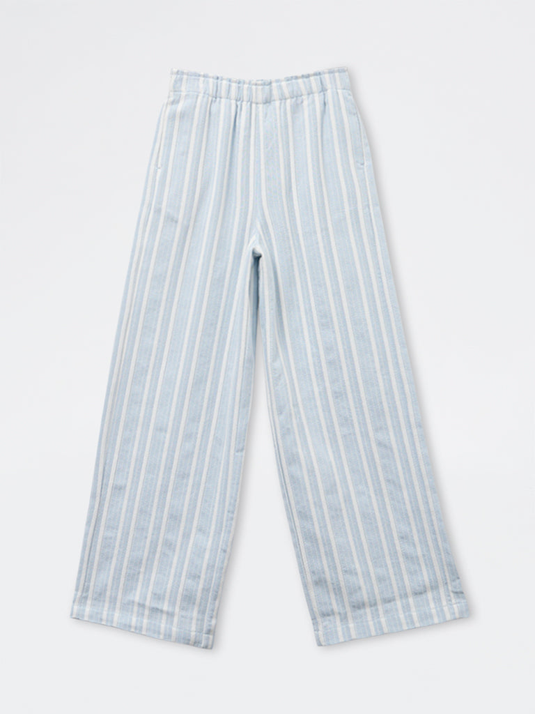 Girls Blue Striped High Rise Cotton-Blend Trousers
