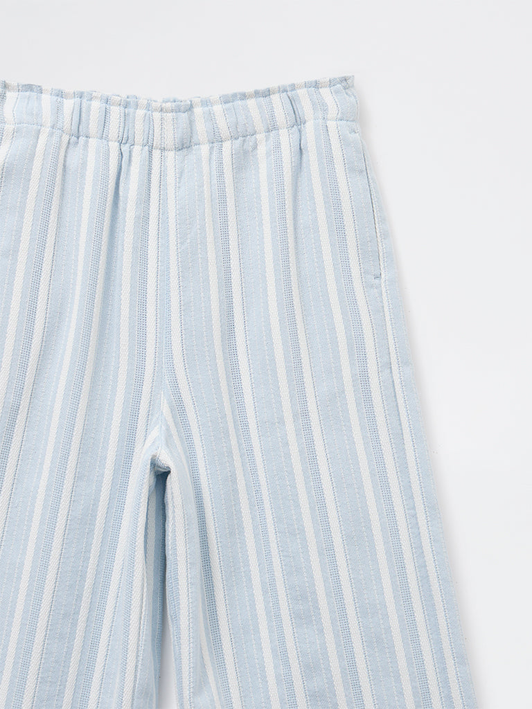 Girls Blue Striped High Rise Cotton-Blend Trousers