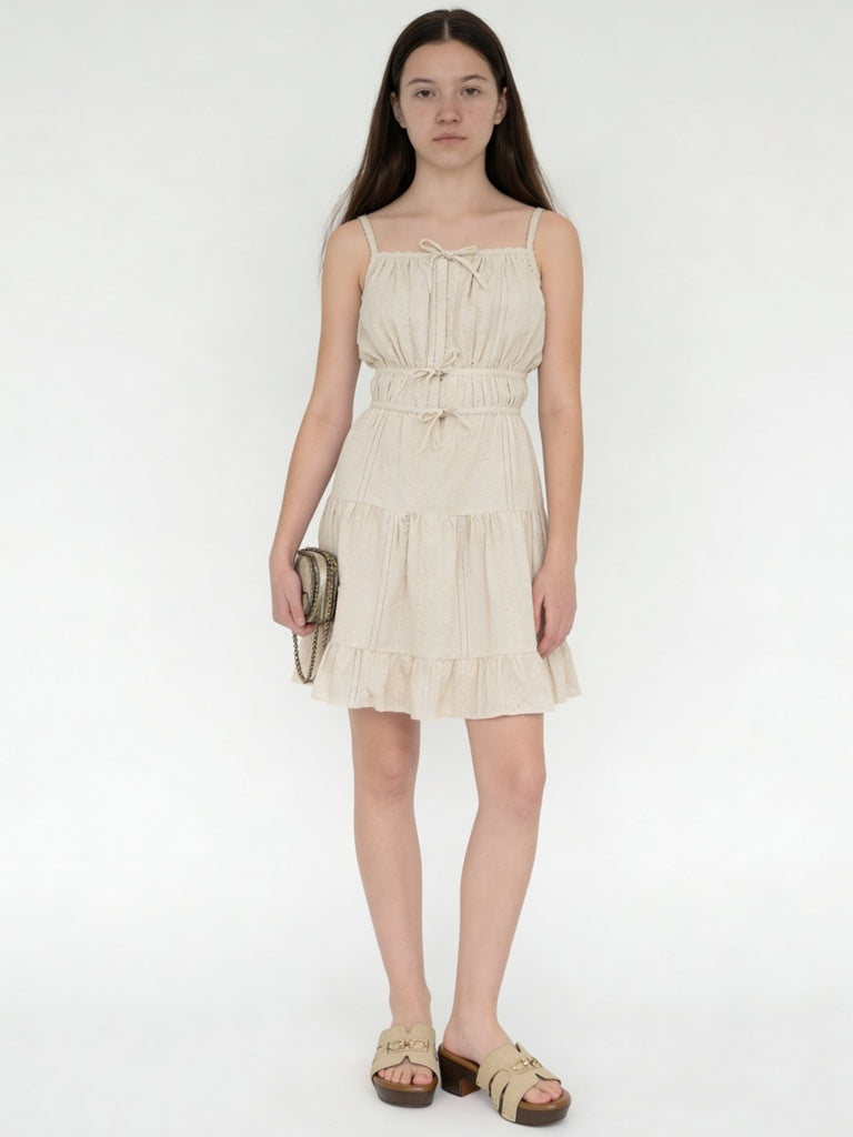 Girls Beige Embroidered Tiered Cotton Dress