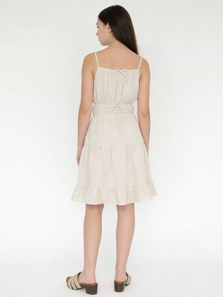 Girls Beige Embroidered Tiered Cotton Dress