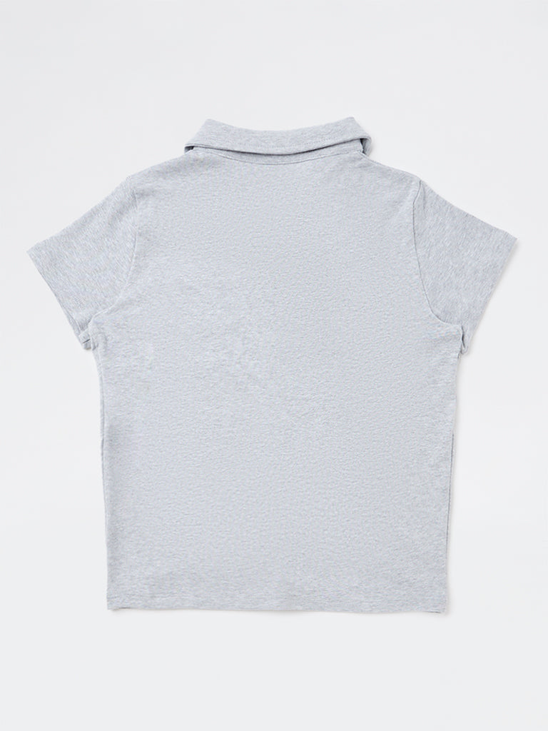Girls Grey Cotton-Blend Top with Tie