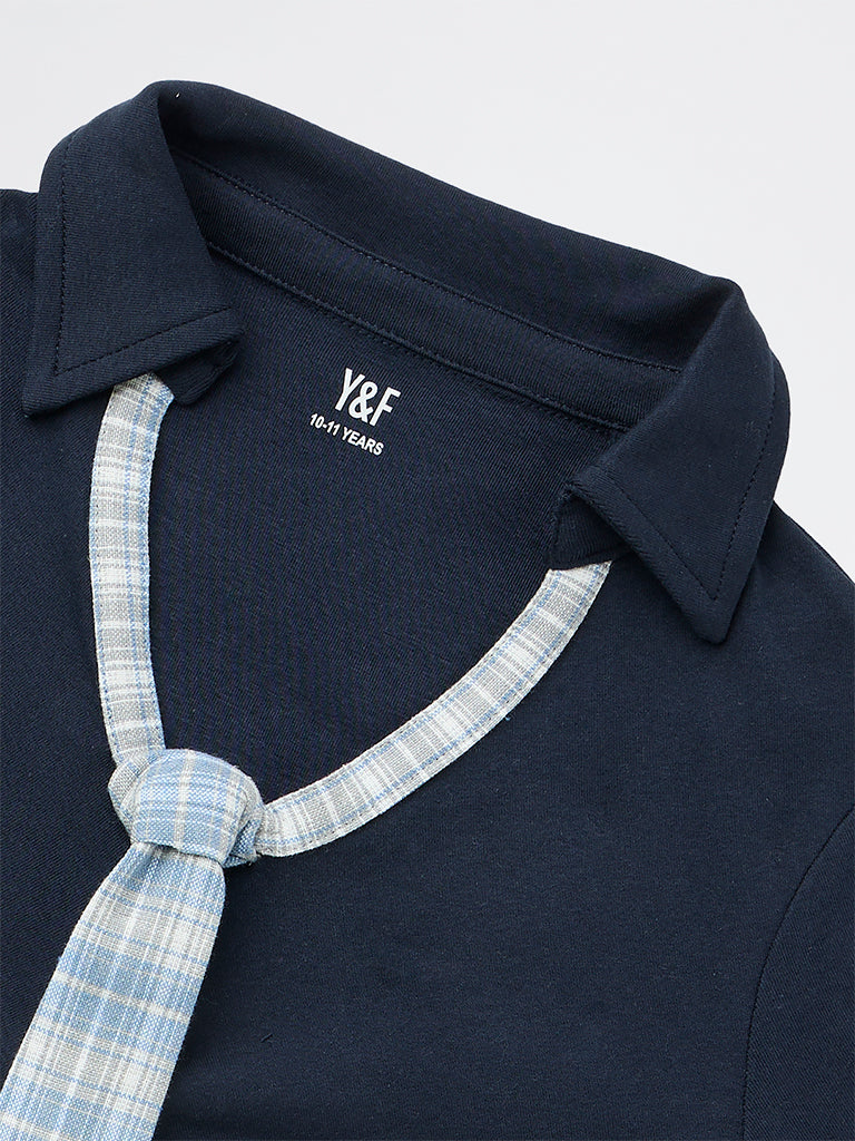Girls Navy Cotton-Blend Tie Detailed Top