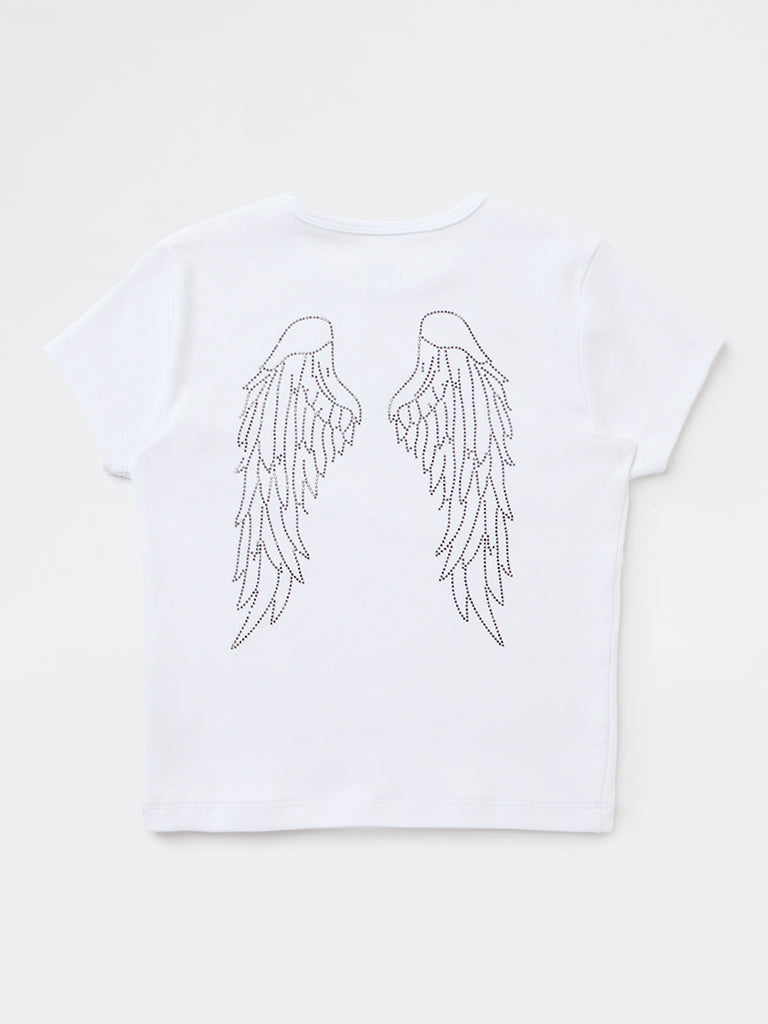 Girls White Embellished Cotton-Blend T-Shirt