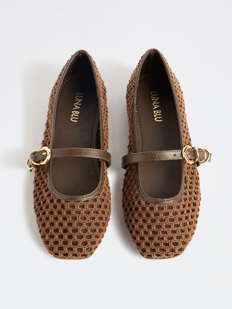 LUNA BLU Brown Crochet-Textured Mary Jane Shoes
