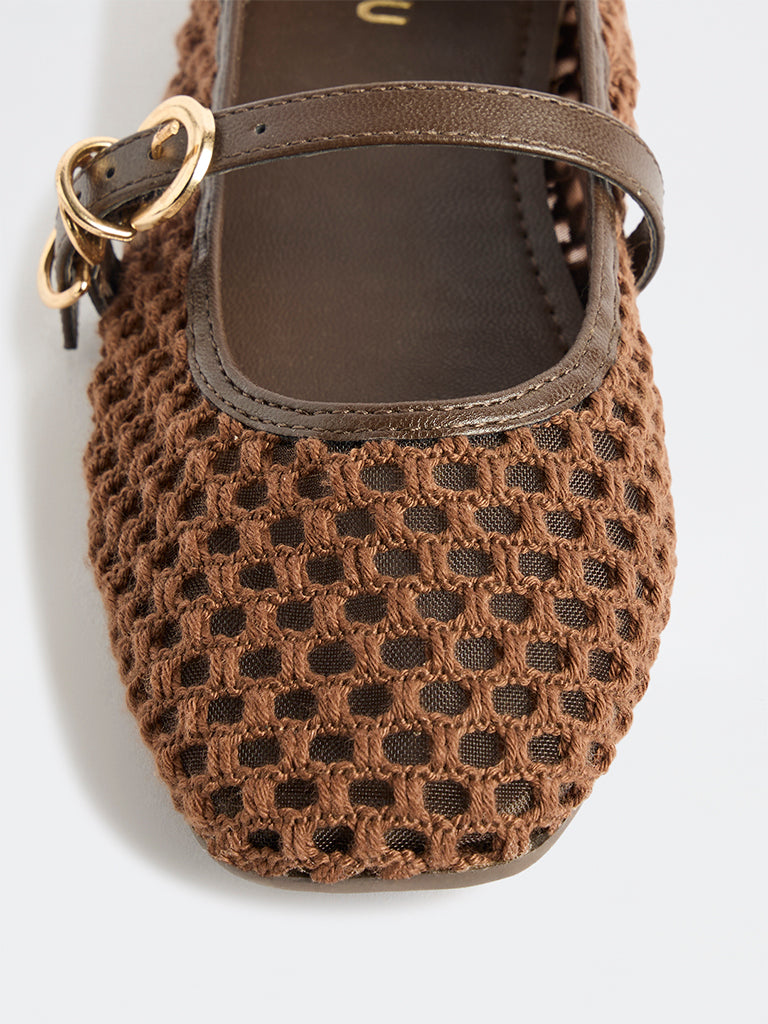 LUNA BLU Brown Crochet-Textured Mary Jane Shoes