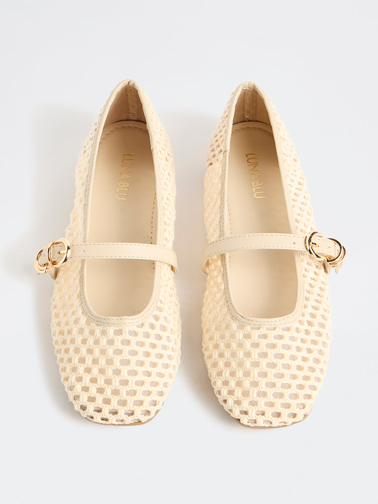 LUNA BLU Cream Crochet-Textured Mary Jane Shoes