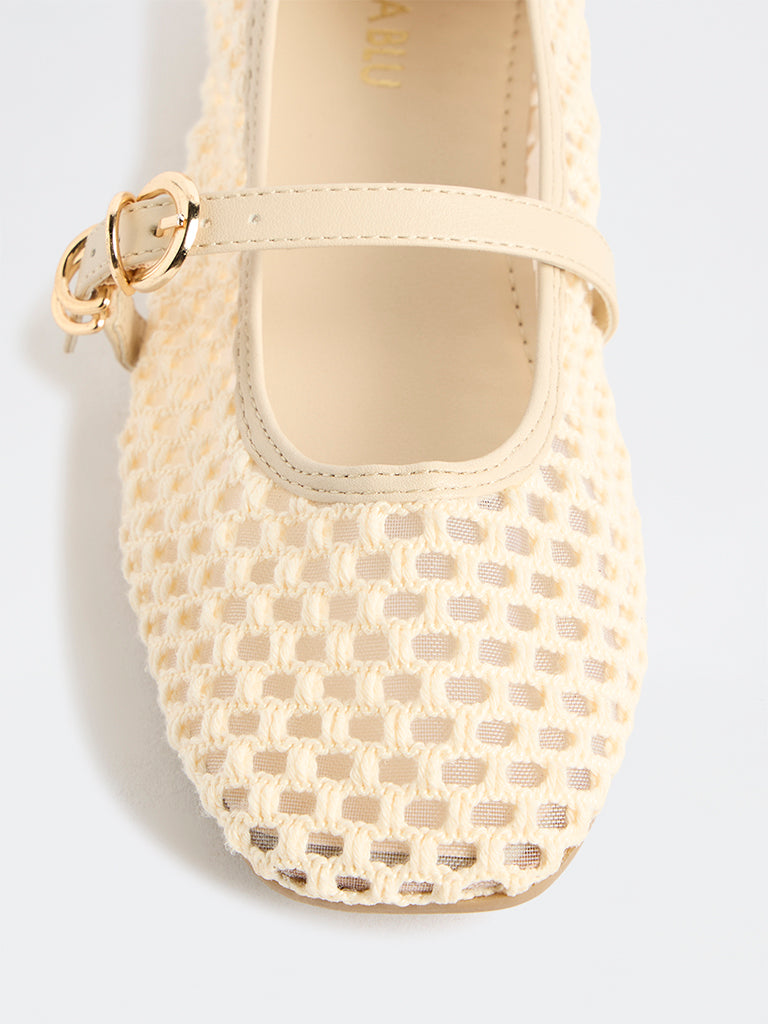 LUNA BLU Cream Crochet-Textured Mary Jane Shoes