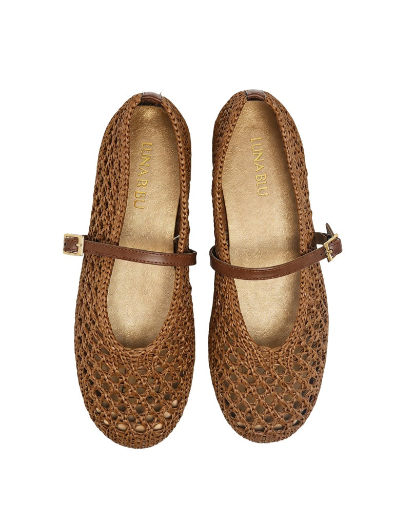 LUNA BLU Light Taupe Raffia Flat Mary Jane Shoes