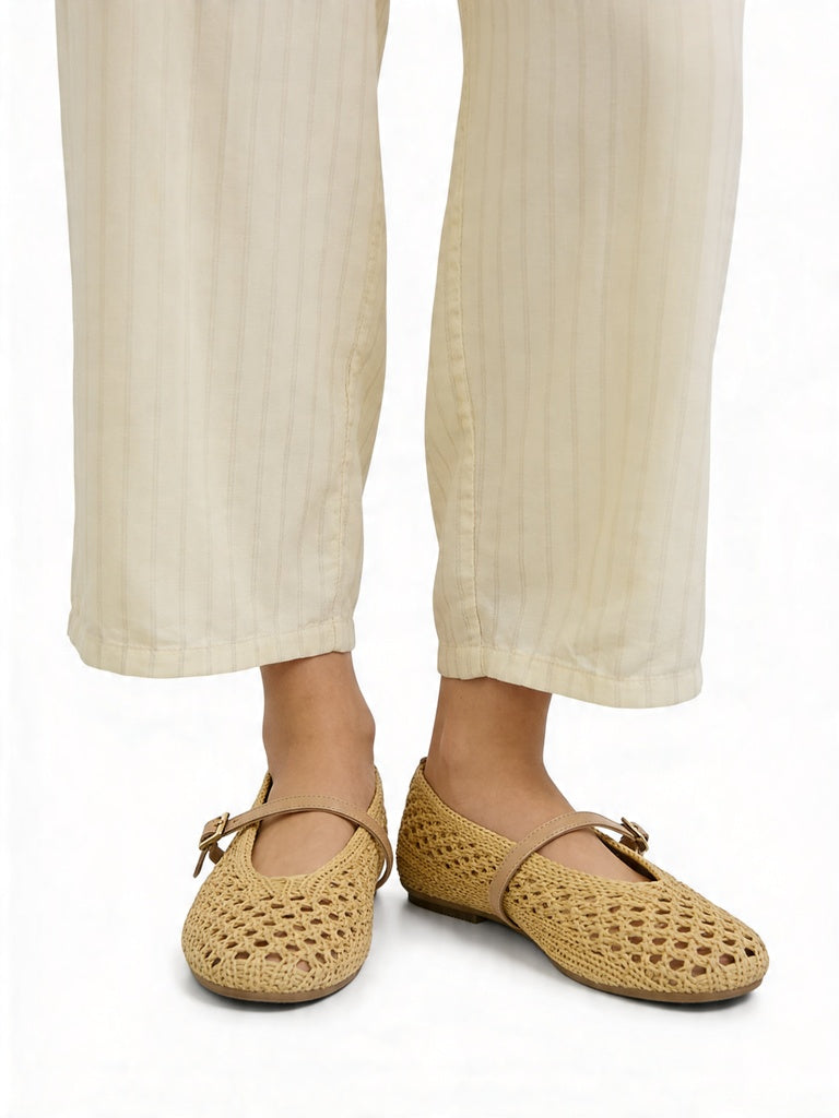 LUNA BLU Beige Natural Raffia Flat Mary Jane Shoes