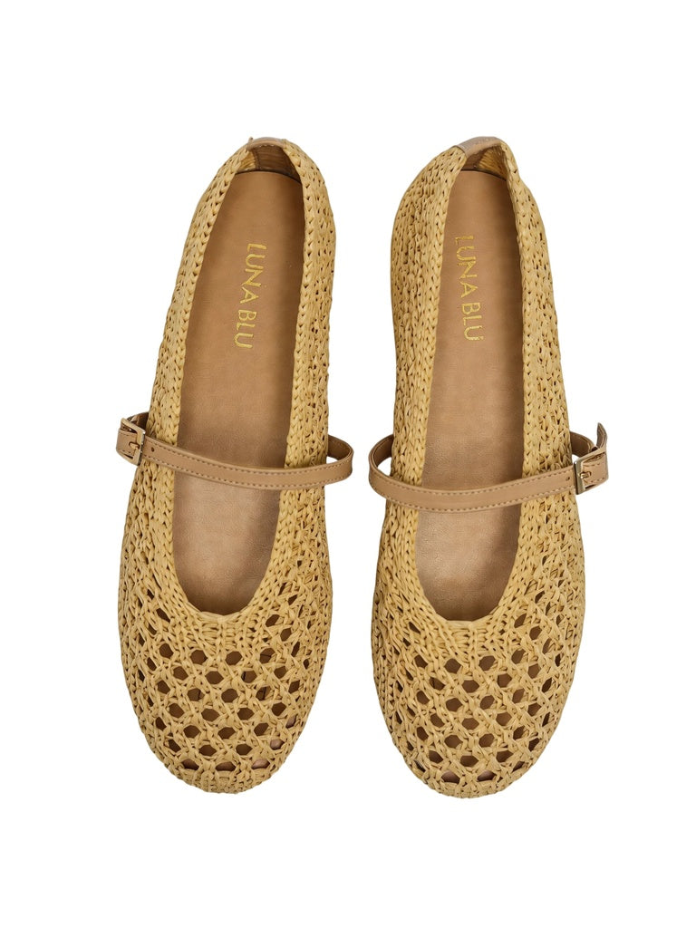 LUNA BLU Beige Natural Raffia Flat Mary Jane Shoes
