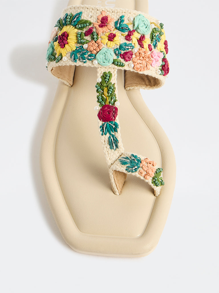 LUNA BLU Multicolor Floral-Embroidered Kolhapuri Sandals