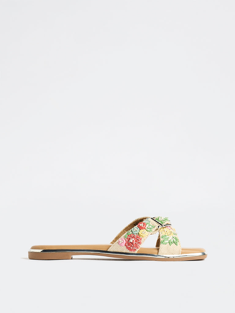 LUNA BLU Multicolor Floral-Embroidered Cross-Strap Slides
