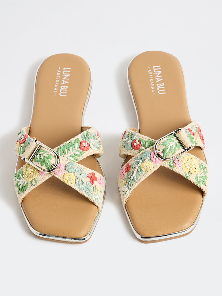 LUNA BLU Multicolor Floral-Embroidered Cross-Strap Slides