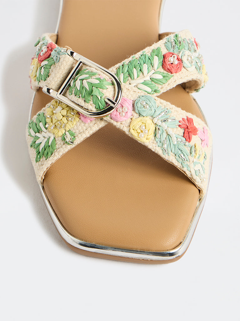 LUNA BLU Multicolor Floral-Embroidered Cross-Strap Slides
