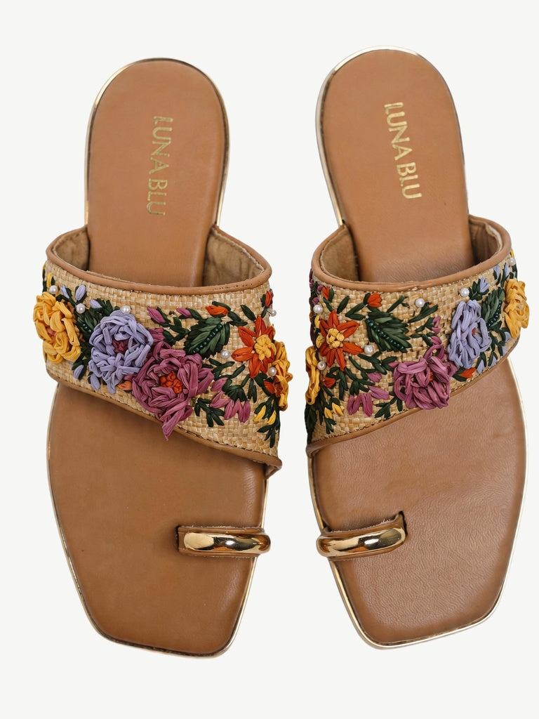 LUNA BLU Multicolor Floral-Embroidered Kolhapuri Sandals