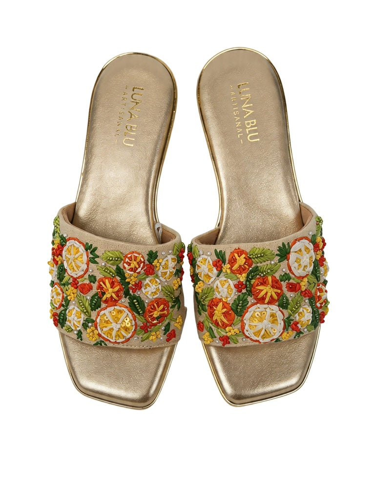LUNA BLU Multicolor Floral-Embroidered Square Toe Slides