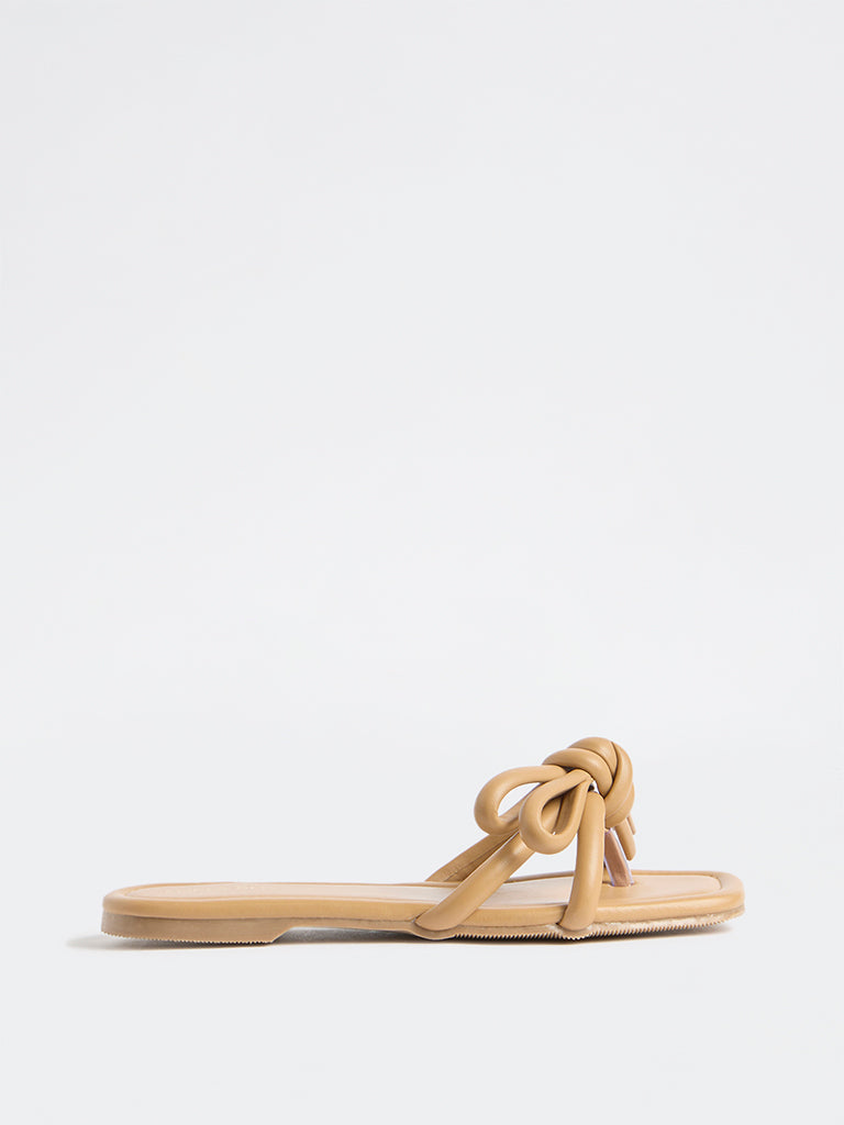 LUNA BLU Beige Bow-Design Puffed Slides