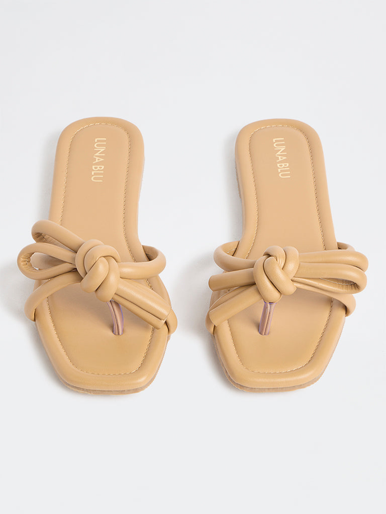 LUNA BLU Beige Bow-Design Puffed Slides