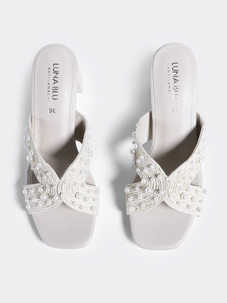 LUNA BLU Ivory Block Heel Mules