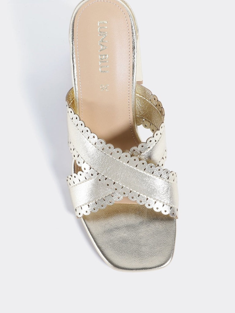 LUNA BLU Light Gold Crossband Block Heel Sandals