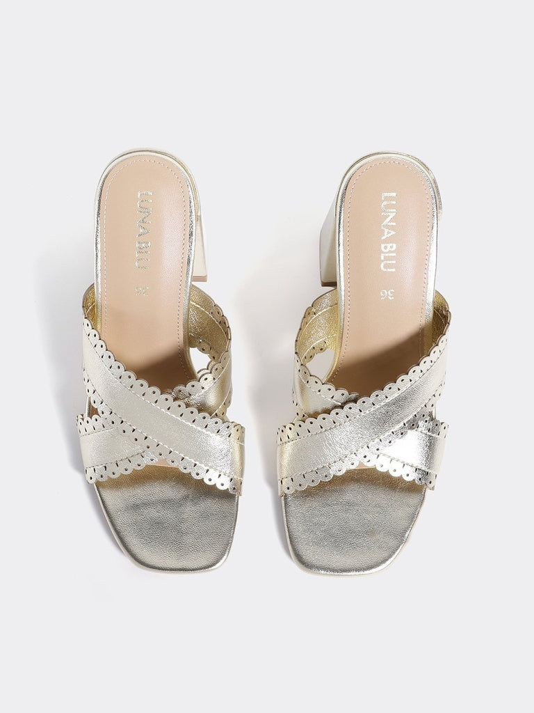 LUNA BLU Light Gold Crossband Block Heel Sandals