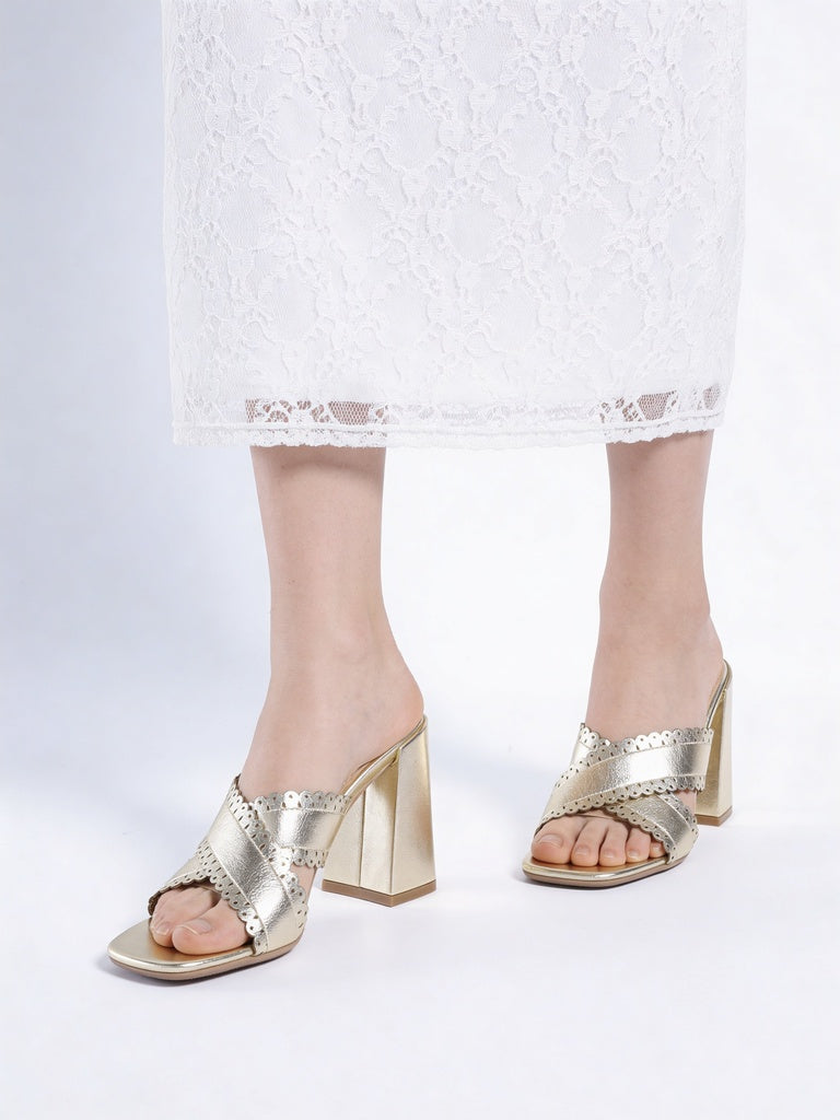 LUNA BLU Light Gold Crossband Block Heel Sandals