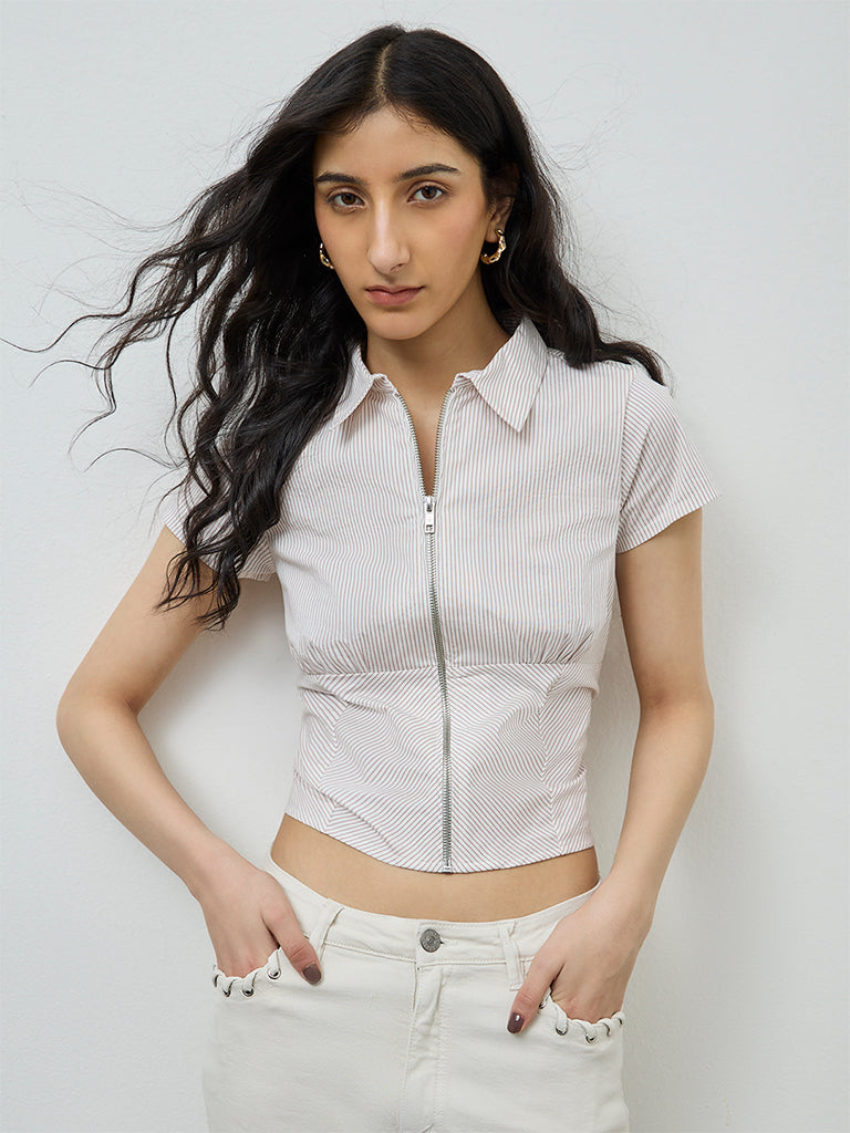 Nuon Beige Striped Cotton Top