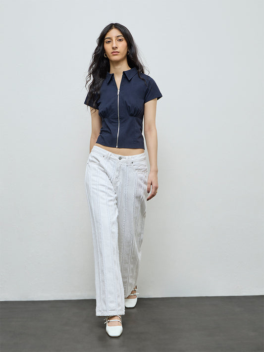 Nuon Navy Solid Cotton Top