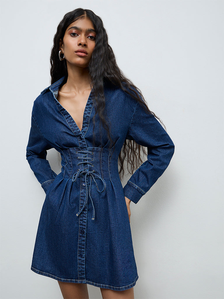 Nuon Blue Tie-Up Denim A-Line Dress