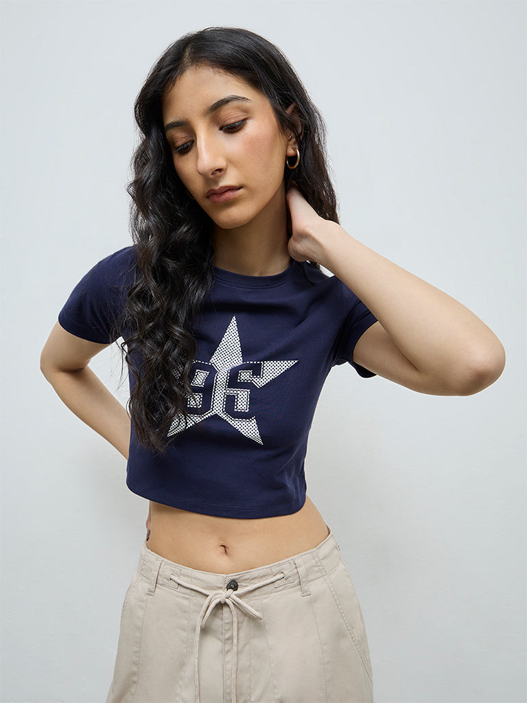 Nuon Navy Graphic Cotton-Blend T-Shirt