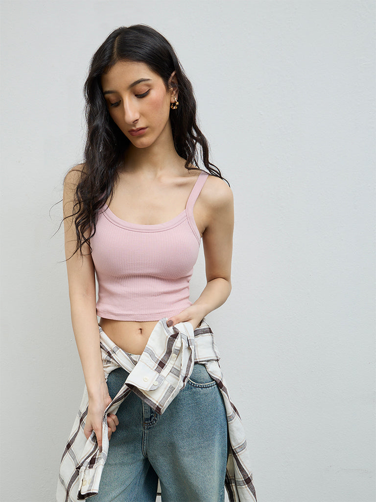 Nuon Dusty Pink Ribbed-Textured Padded Cotton-Blend Tank Top