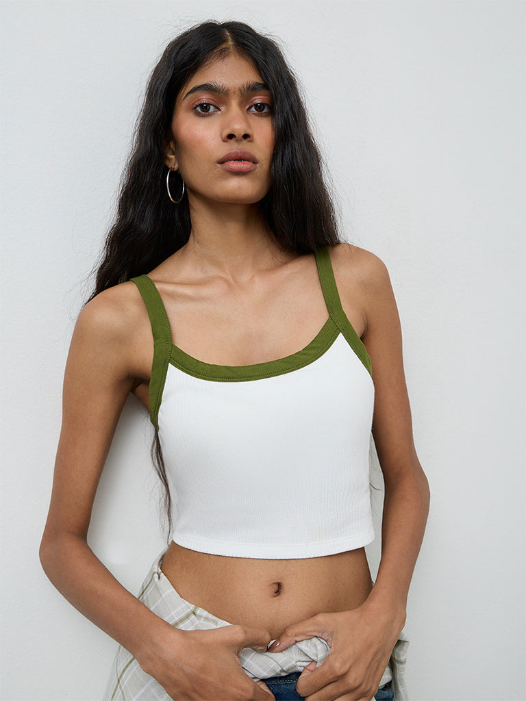 Nuon White Ribbed-Textured Padded Cotton Tank Top