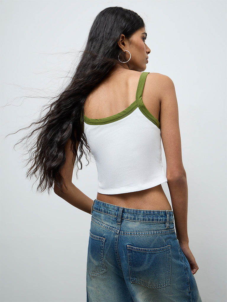 Nuon White Ribbed-Textured Padded Cotton Tank Top