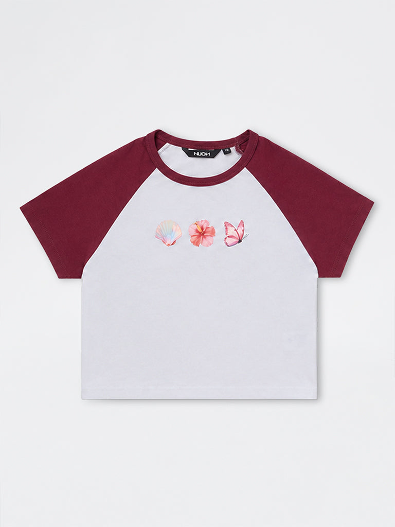Nuon Burgundy Printed Colour-Blocked Cotton-Blend T-Shirt
