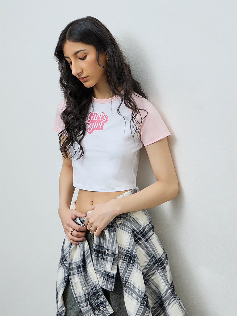 Nuon White Text Design Cotton-Blend Crop T-Shirt