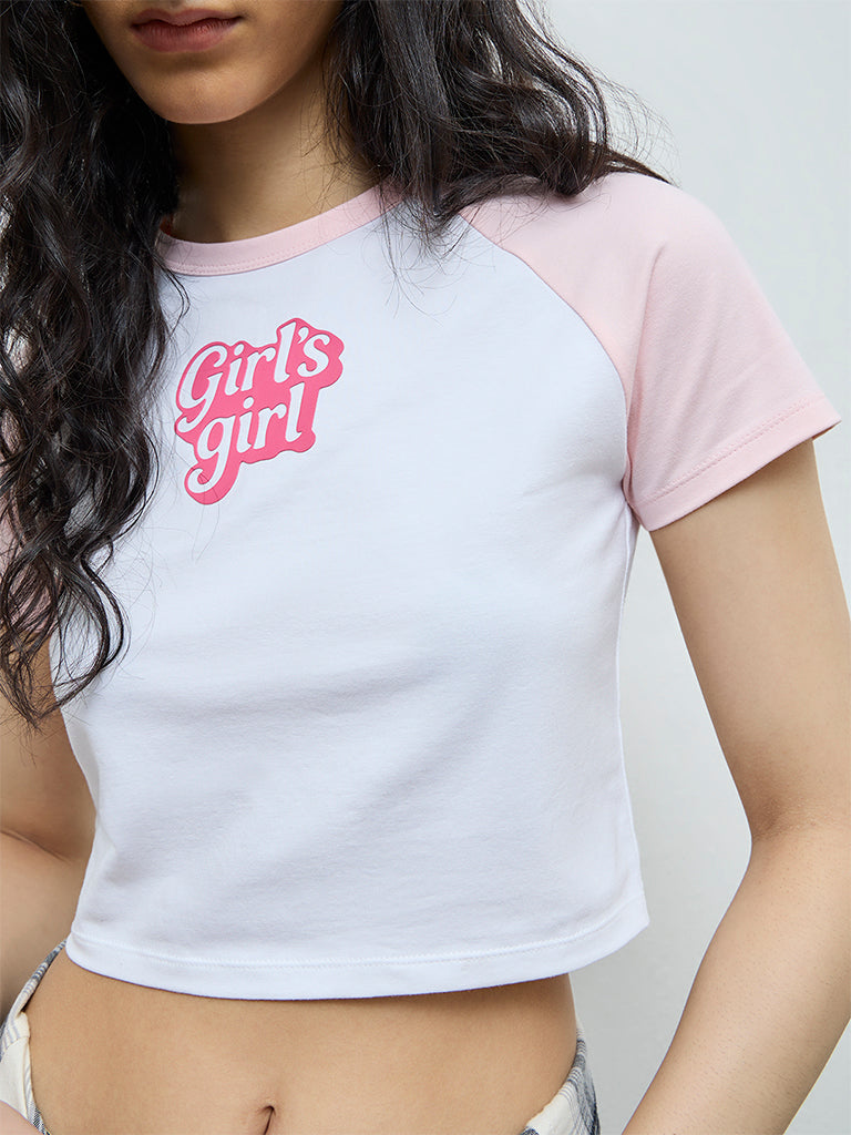 Nuon White Text Design Cotton-Blend Crop T-Shirt