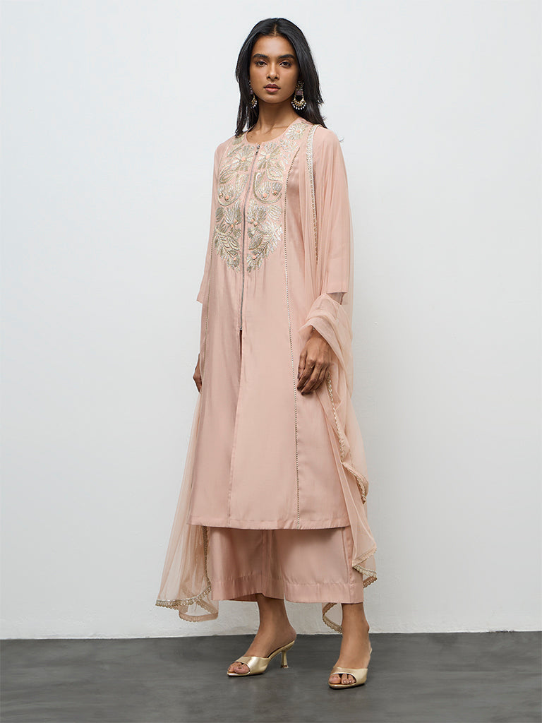 Vark Peach Embroidered A-Line Ethnic Set
